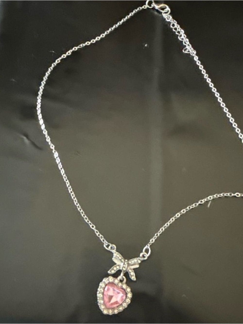 Silver Bow Necklace with Pink Heart Pendant